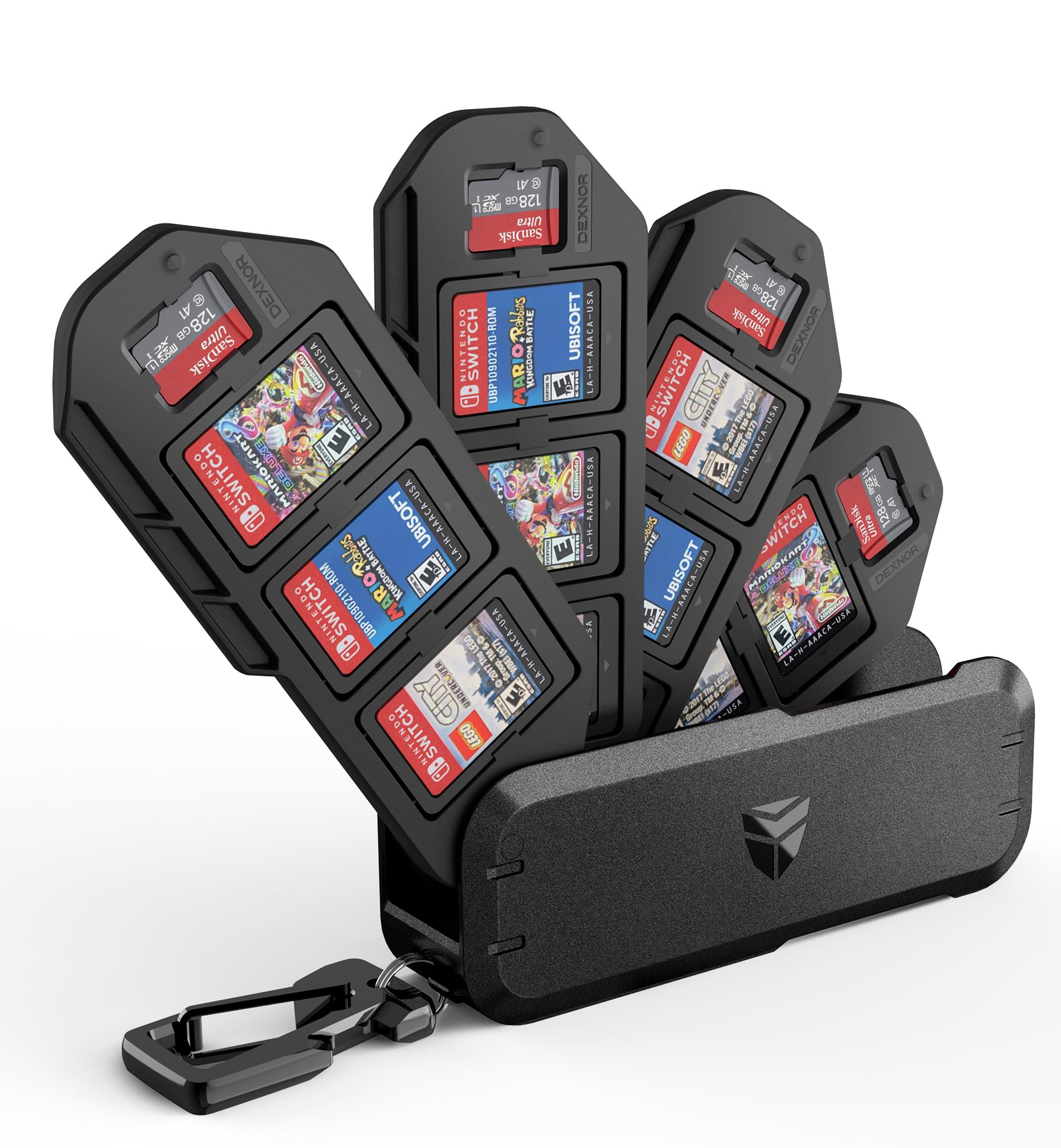Dexnor Game Card Case for Nintendo Switch, OLED, Lite Games, Portable Shockproof Hard Shell Storage Protective Case with 4 Foldable Layers & Carabiner & 12 Game Card Slots and 4 Micro SD Card Slots (Black)