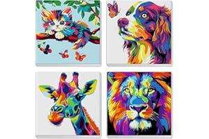 MXJSUA Framed 4 Pack Color Animals Paint by Numbers Kit, DIY Paint by Number Kit for Kids Ages 6-12, Paint by Numbers Kits for Children Beginner, Acrylic Oil Painting for Home Wall Decor (8x8inch)