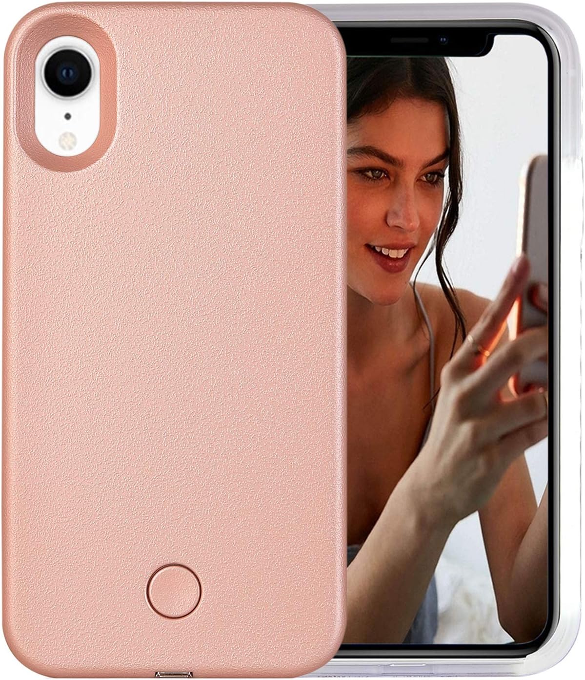 iPhone XR Case, AUYOUWEI LED Illuminated Selfie Light Case Cover [Rechargeable] Light Up Luminous Selfie Flashlight Cell Phone Case for iPhone XR 6.1inch (Rose Gold)