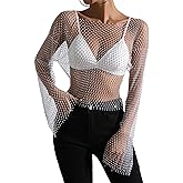 ELLEVEN Rhinestone Crystal Crop Top, Long Sleeve Mesh Body Chains See Through Cover up Sparkly Glitter Shirt Party Club Wear