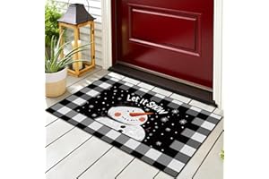Fourluoo 2 Pcs Winter Front Porch Rug Snowman Winter Door Mat Imitation Coco Coir Snowman Outdoor Rug Buffalo Plaid Layering Welcome Mat for Outdoor Home Festival Holiday Decor, 28 x 43 Inch