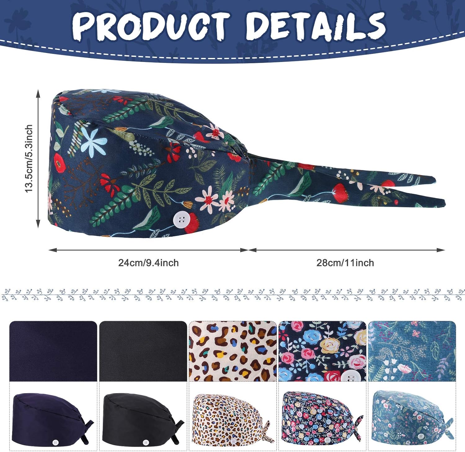 Geyoga 6 Pieces Bouffant Hat Printed Working Cap with Buttons and Sweatband Adjustable Tie Back Hat for Women Men: Clothing