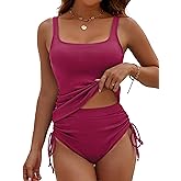 BMJL Womens Two Piece Tankini Ribbed Tummy Control Swimsuits Ruched Full Coverage Bathing Suits Swim Suit 2025(M,Wine Red)