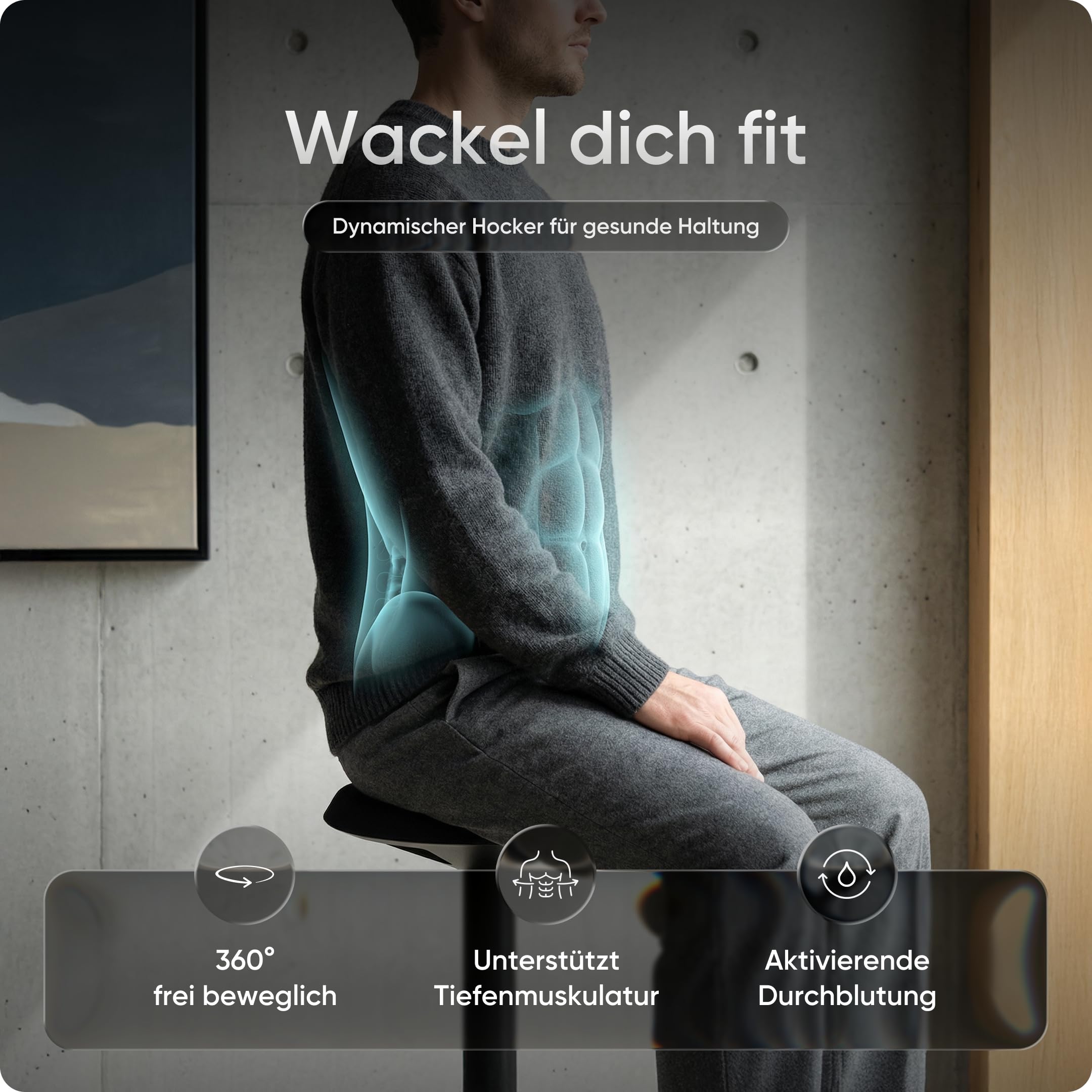 DESKSPACE Motion Sitzhocker - Stehhocker höhenverstellbar, ergonomischer Hocker bis 140kg mit CushCloud-Polsterung, Gasfeder & 3D-Sitzmechanik, Bürohocker ergonomisch, Wackelhocker Stehstuhl (Schwarz) 3