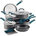 Rachael Ray Create Delicious Hard Anodized Nonstick Cookware Pots and Pans Set, 11 Piece, Gray with Teal Handles