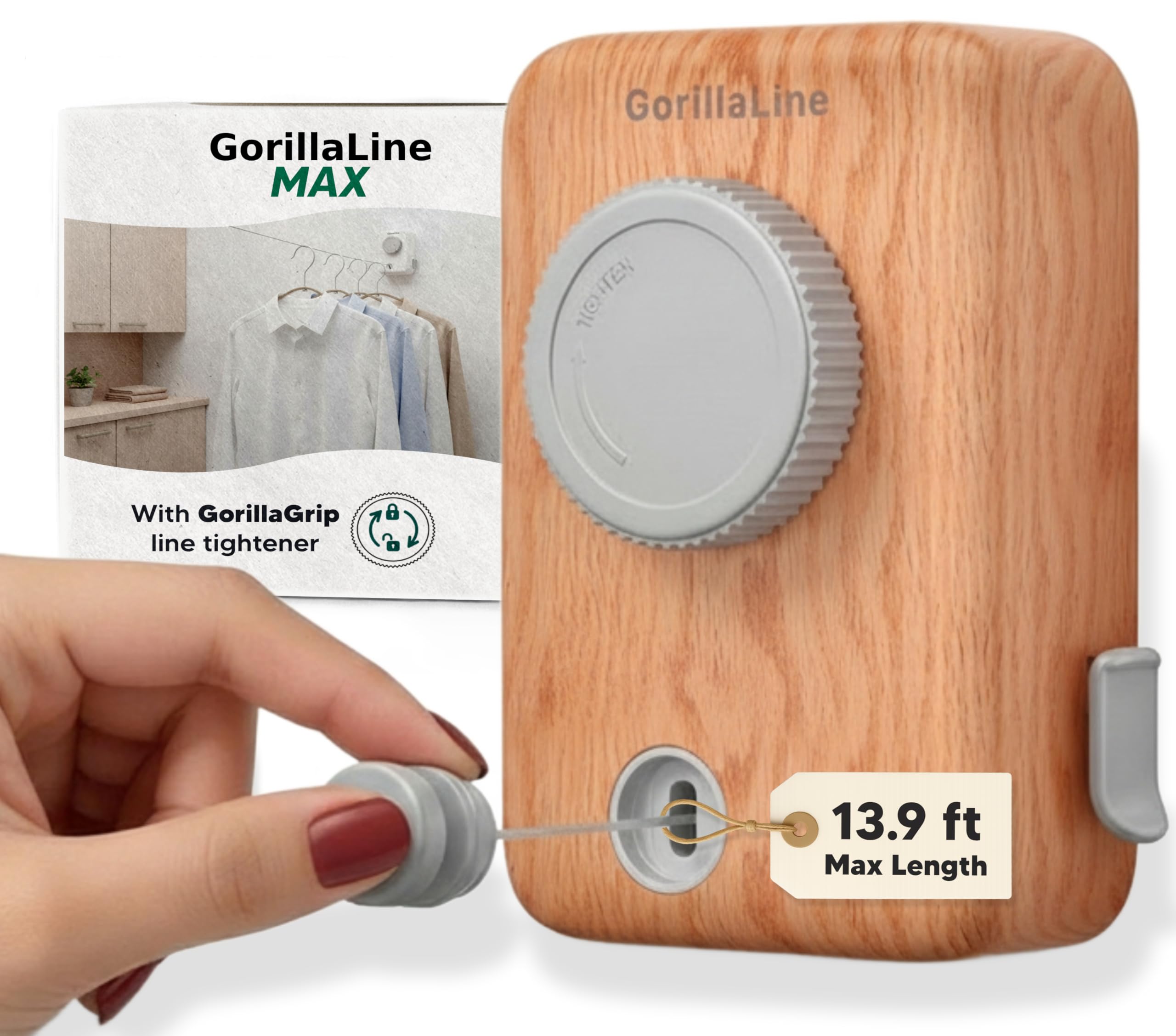 GorillaLine Max – Retractable Clothesline Indoor Outdoor, Non-Sagging Heavy Duty Clothes Drying Line, Wall Mounted Drying Rack, Air Dry Clothing, Max Tighten with GorillaGrip