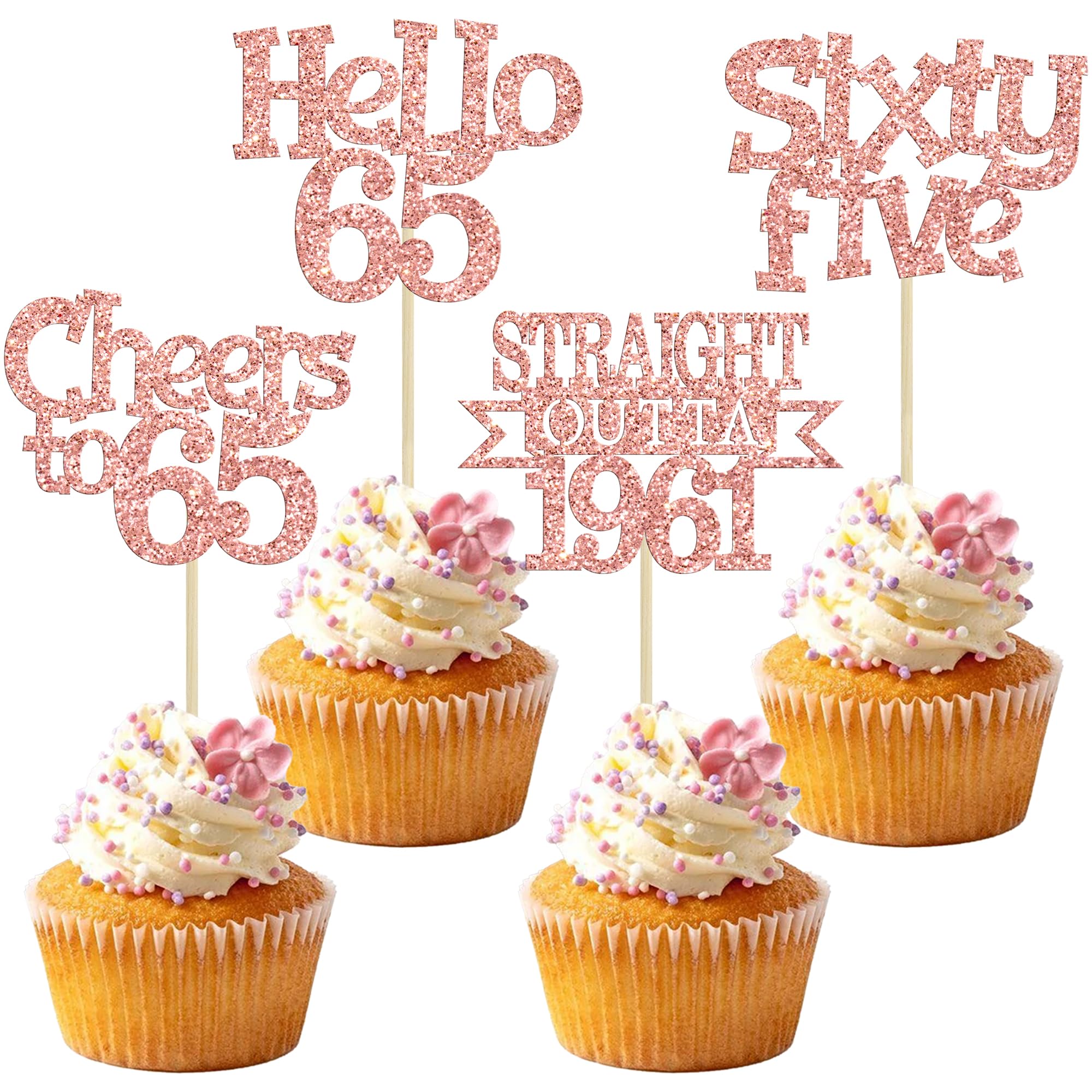 Ephlyn 24Pcs 65th Birthday Cupcake Toppers Glitter Straight Outta 1961 Cupcake Picks Hello 65 Cheers to 65 Years Cake Decorations for 65th Birthday Anniversary Party Decorations Supplies Rose Gold