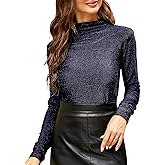 LONGBIDA Women's Slim fit Long Sleeve Turtleneck Glitter Tee Blouse Tops