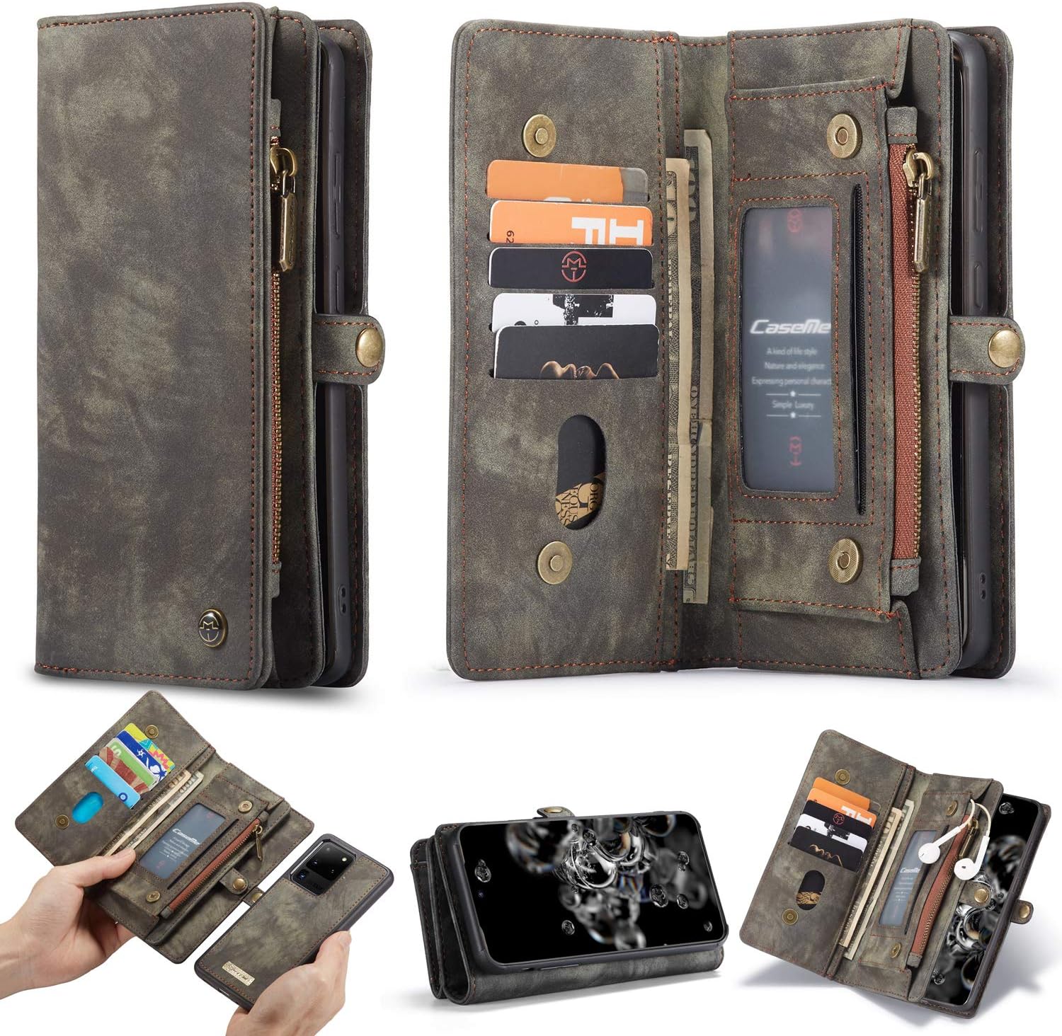ANROD Detachable Leather Wallet Case for Samsung Galaxy S20 Ultra,CaseMe Magnetic Closure 2-in-1 Flip TPU Shockproof Zipper Purse Back Cover with Card Slots (Black)