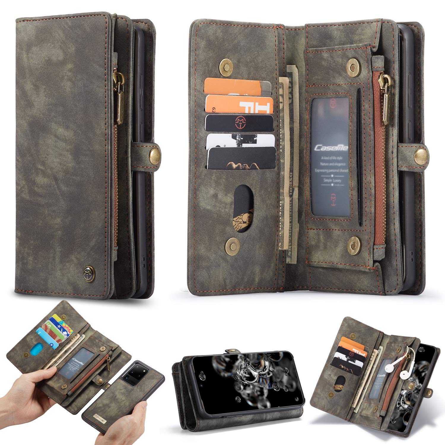 ANROD Detachable Leather Wallet Case for Samsung Galaxy S20 Ultra,CaseMe Magnetic Closure 2-in-1 Flip TPU Shockproof Zipper Purse Back Cover with Card Slots (Black)