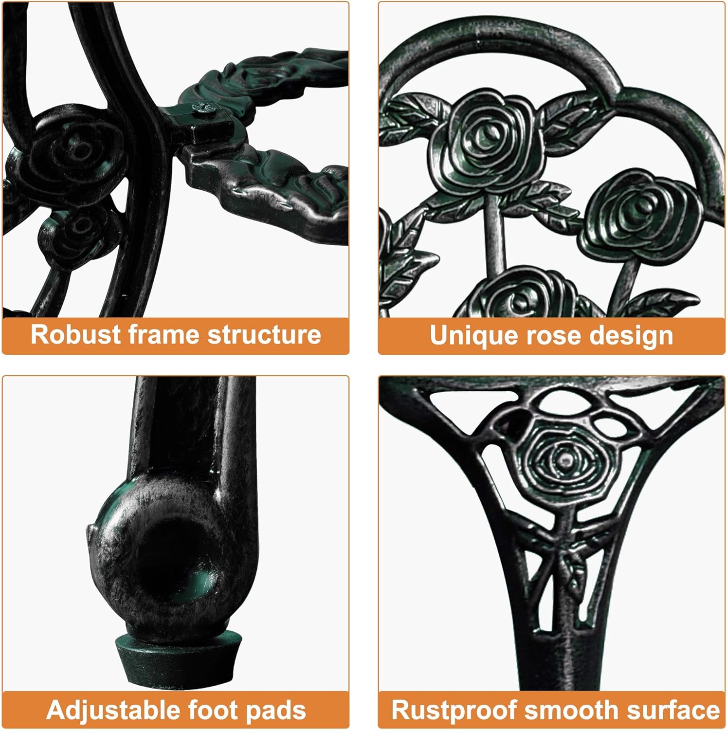 LZRS 3-Piece Outdoor Patio Bistro Set Table and Chairs Furniture with Rose Design for Garden, Porch, Backyard, Cast Aluminum with Umbrella Hole, Durable Rust Weather Resistance, Antique Verdigris: Garden & Outdoor