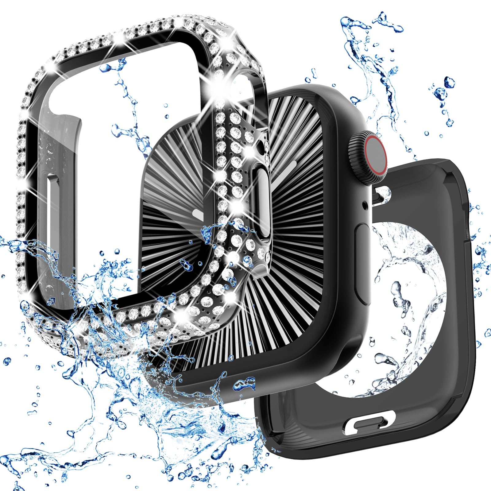 KADES Waterproof Case Compatible with Apple Watch 44mm,Women Bling PC Cover Protective Case with Tempered Glass Screen Protector for iWatch 44mm Series SE(GEN 1 2 3) 6 5 4,Black
