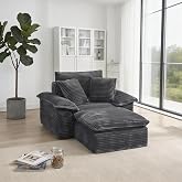 Saxum Tegmen 48'' Chaise Lounge Chair Indoor, Oversized Corduroy Upholstered Boneless Sofa Couch, Cloud-Like Sofa Bed with Ottoman for Living Room/Bedroom/Lounge (Dark Gray)