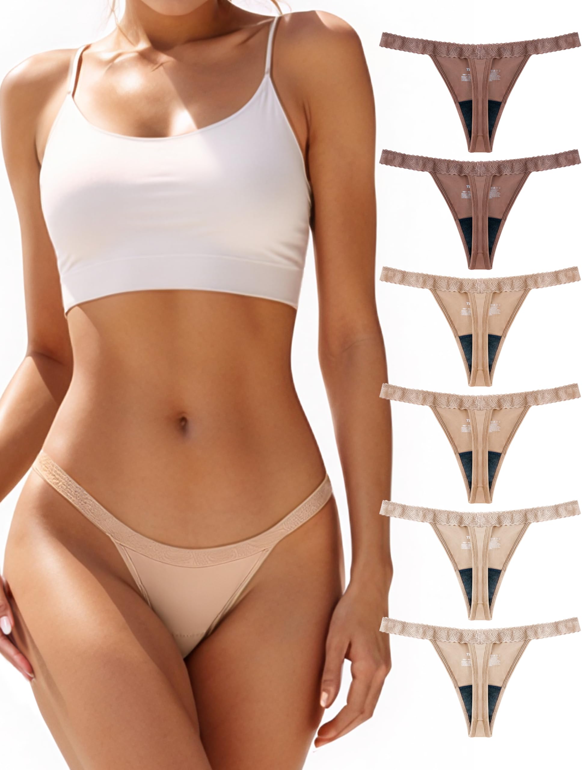 Photo 1 of  Underwear for Women Thong Soft Lace Thong Panties6 Pack(Large, 2 Brown/2 Sand/2 khaki)