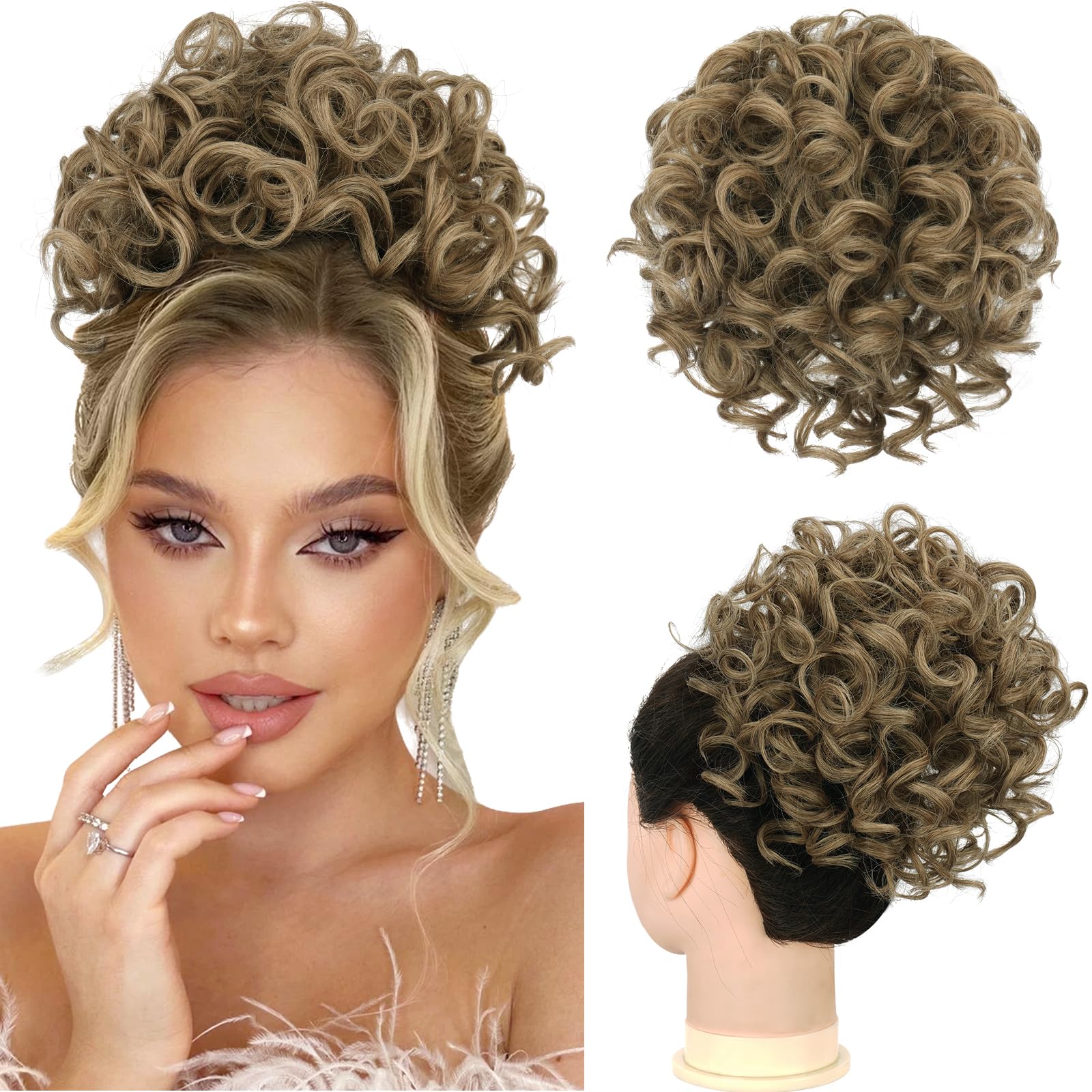 RUWISS Messy Bun Short Curly Drawstring Ponytail Extension Loose Hair Bun Hair Pieces for Women High Temperature Synthetic Hair Bun Extension 80g Ash Brown