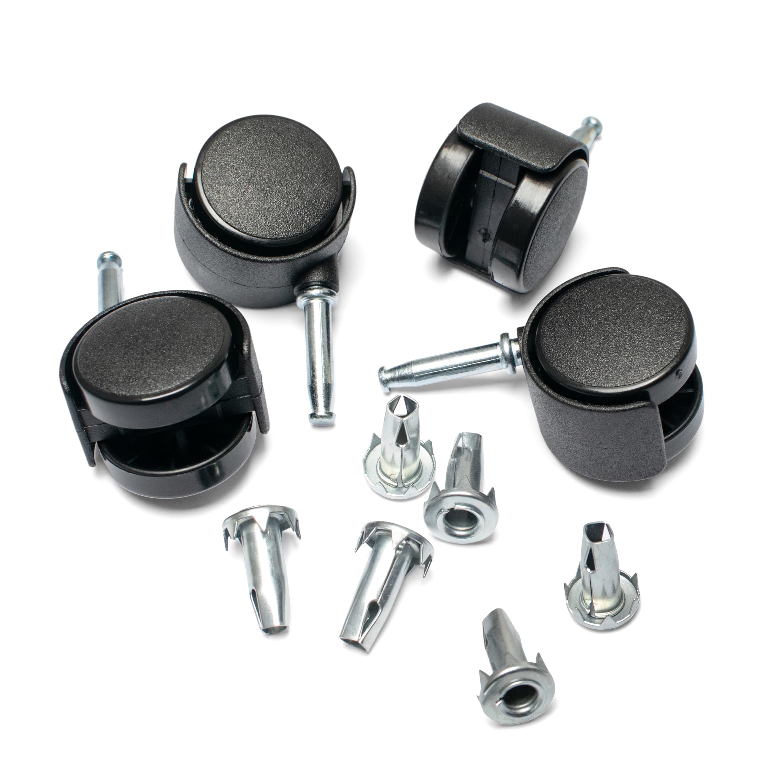 Premium Heavy Duty Swivel Castor Wheels with Sockets for Trolley, Furniture and Divan Beds - Durable Hard Plastic with Extra Sockets Included (Twin Wheel 4 Pack)