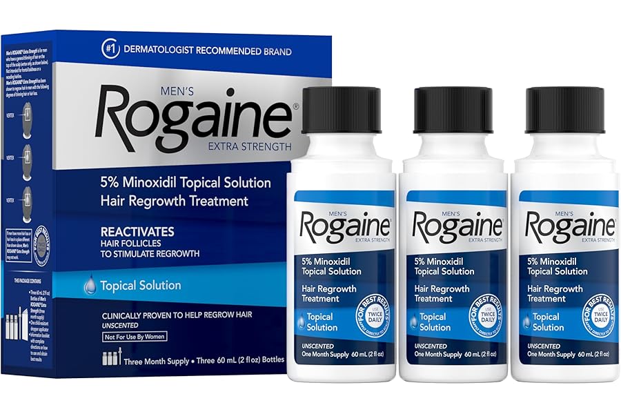 Men’s Rogaine Extra Strength 5% Minoxidil, Topical Solution for Thinning & Hair Loss, Clinically Proven FDA Approved Minoxidil for Men Treatment, Regrow Fuller Hair, 3 Month Supply, 3 Bottles