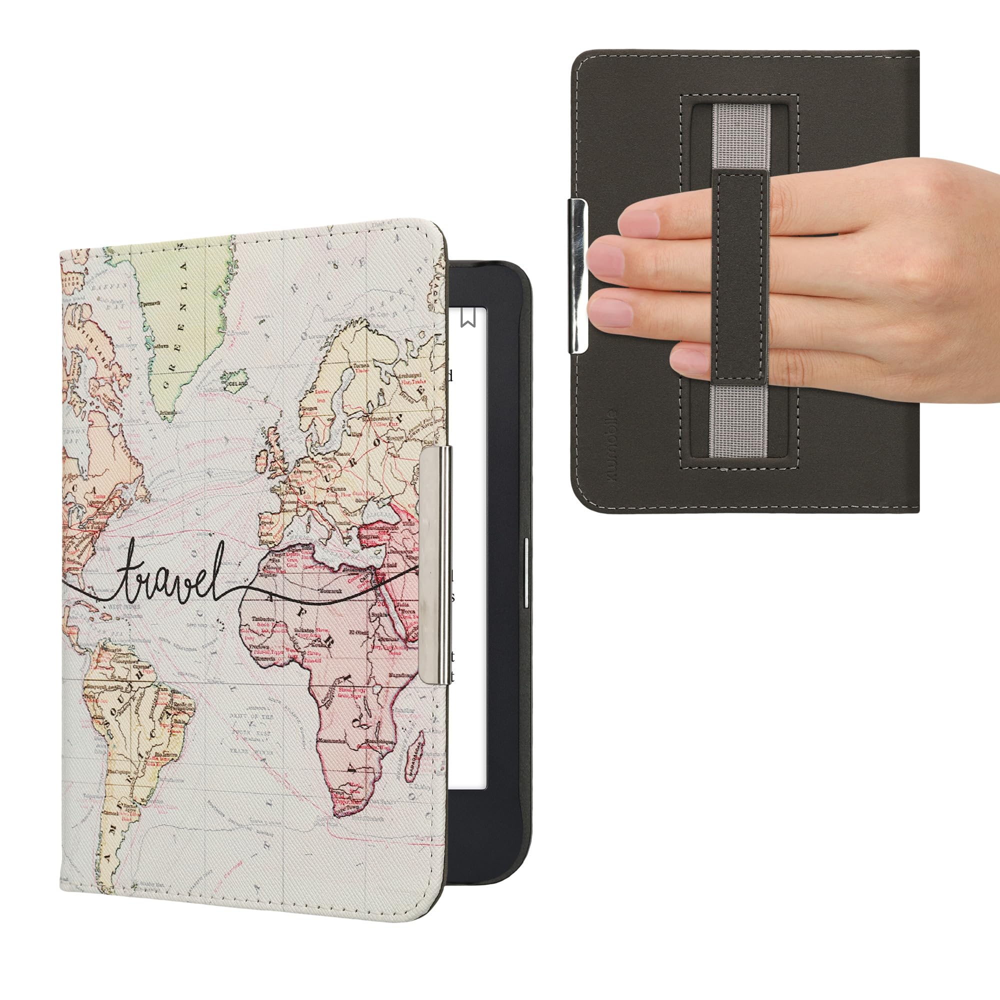 kwmobile Cover for Kobo Clara 2E / Tolino Shine 4 Case - eReader Cover with hand strap and auto sleep funktion - Travel with Black/Multicolor