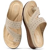 SHIBEVER Orthopedic Sandals for Women Dressy: Comfortable Wedge Flip Flops | Beige Sparkle Rhinestone, Soft PU Leather, Thong Slip On, Summer Casual Walking Shoes Size 9.5