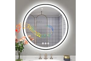 STARLEAD LED-Bathroom-Mirror-with-Lights, 24" Wall-Mounted with Bluetooth Speaker, Anti-Fog, 3 Color Temperature Dimmable Brightness, Waterproof, Frontlit & Backlit, Black Frameless Round