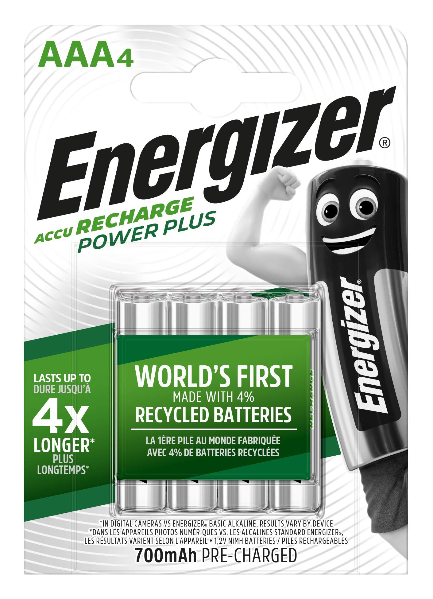 Energizer Rechargeable battery, ENERGIZER Power Plus, AAA, HR03, 1.2V, 700mAh, 4 pieces