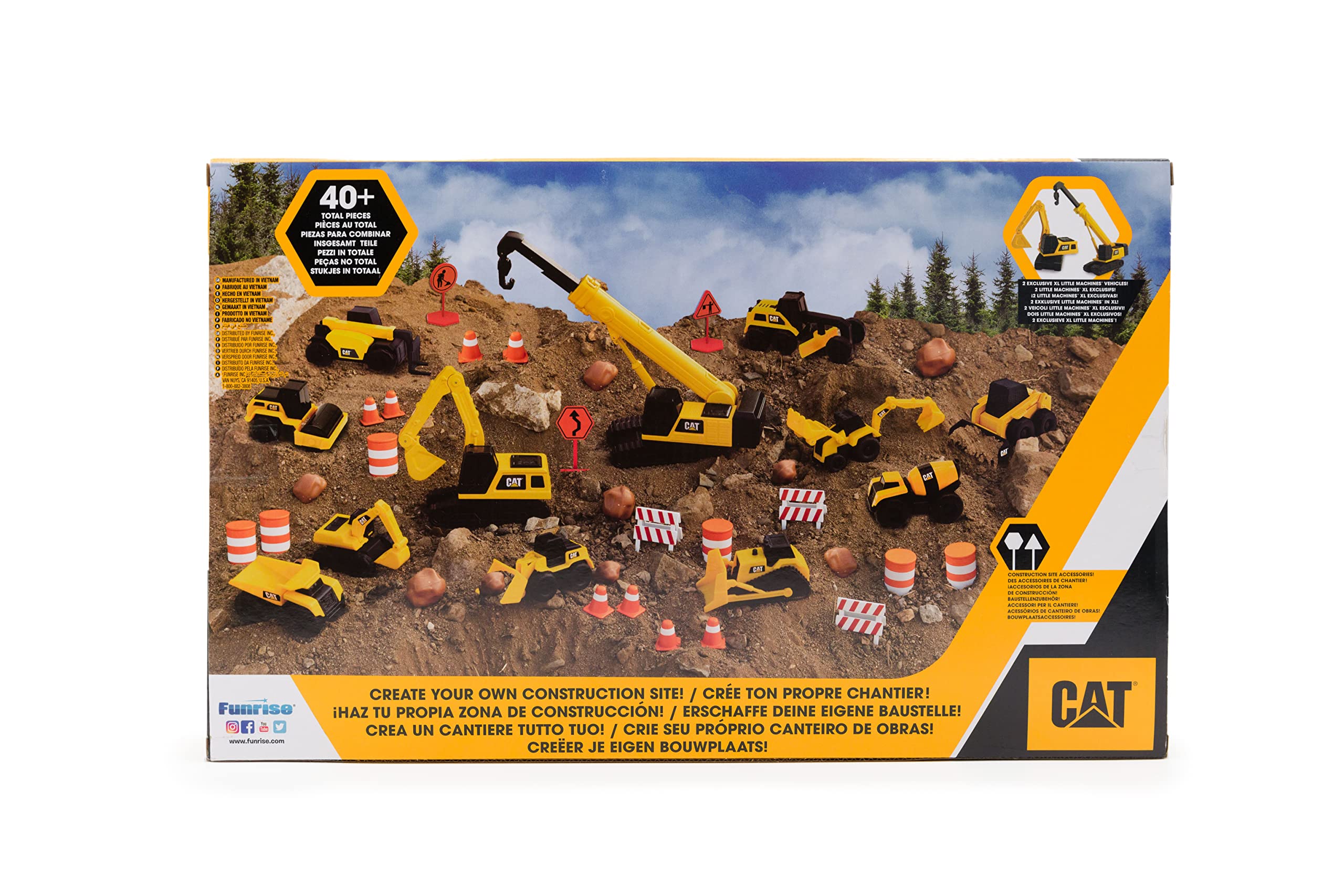 CAT Construction Toys, Little Machines Mega Set – 40+ Pieces with XL Crane & Excavator, 10 Mini Vehicles, Road Signs, Cones, Boulders & Barricades, Indoor/Outdoor STEM Toy for Kids Ages 3 +