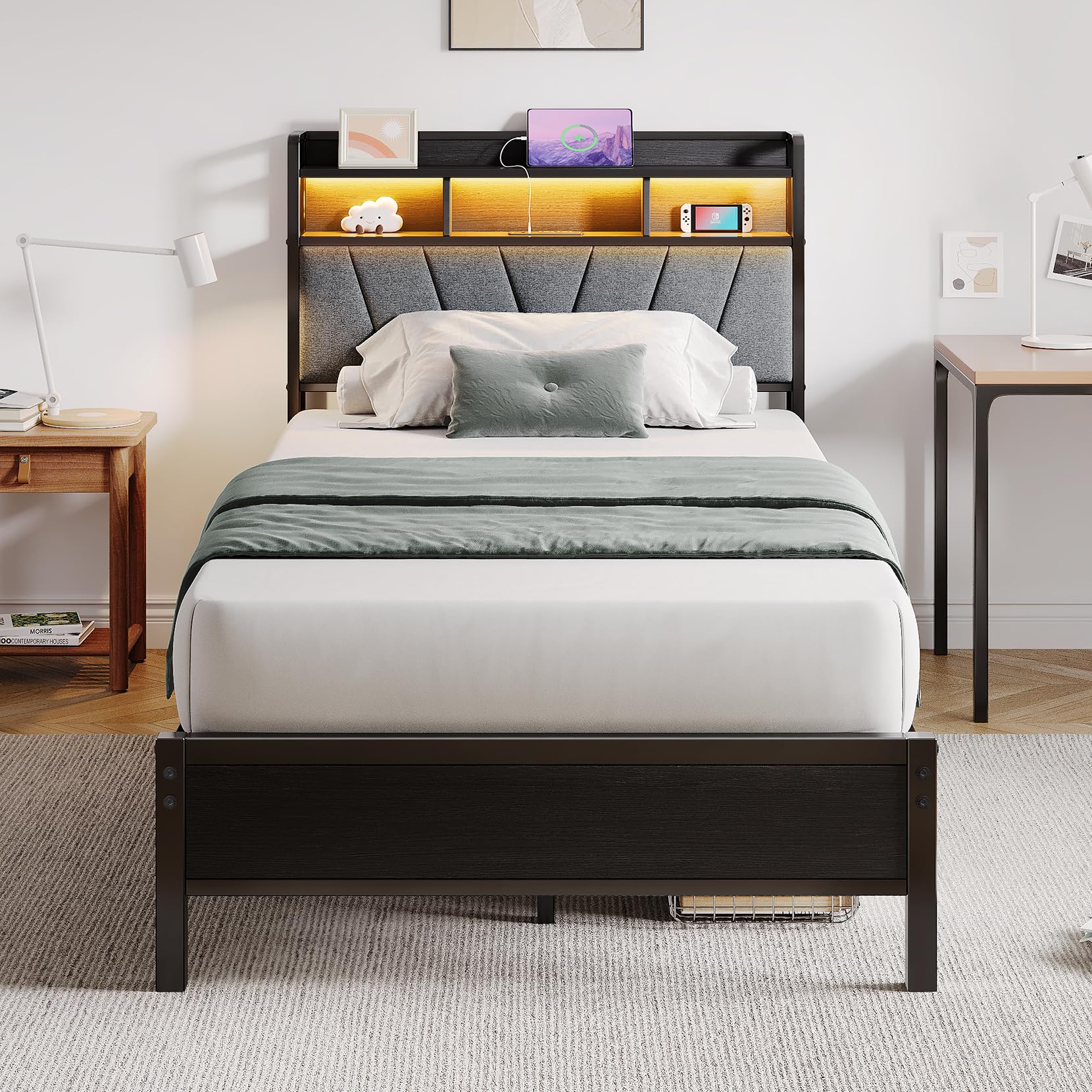 Twin Bed Frame with LED Lights & Charging Station, Metal Platform Bed with Upholstered Headboard, 2-Tier Storage Shelves, Heavy Duty Metal Slats, No Box Spring Need, Noise Free, Easy Assembly, Black Image