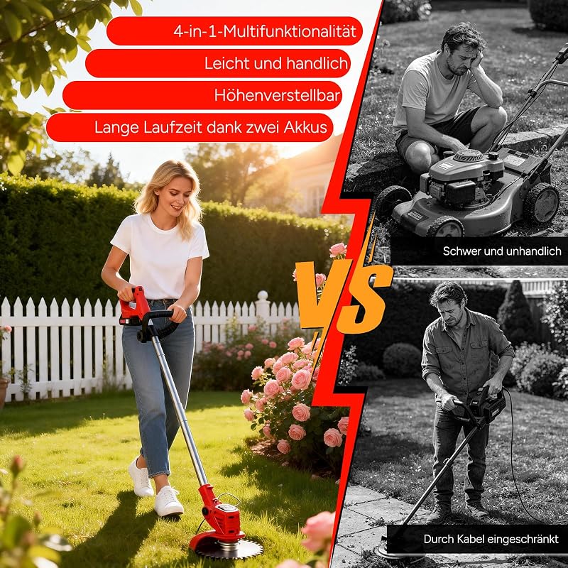 Akku Rasentrimmer mit Akku, Rasenkantenschneider mit 2 Akkus 21V und 4 Messertypen+1 Gartenschere, Verstellbarer Teleskop-Führungsholm Desbrozadoraeléctrico inalámbrico (Rot-FBA)