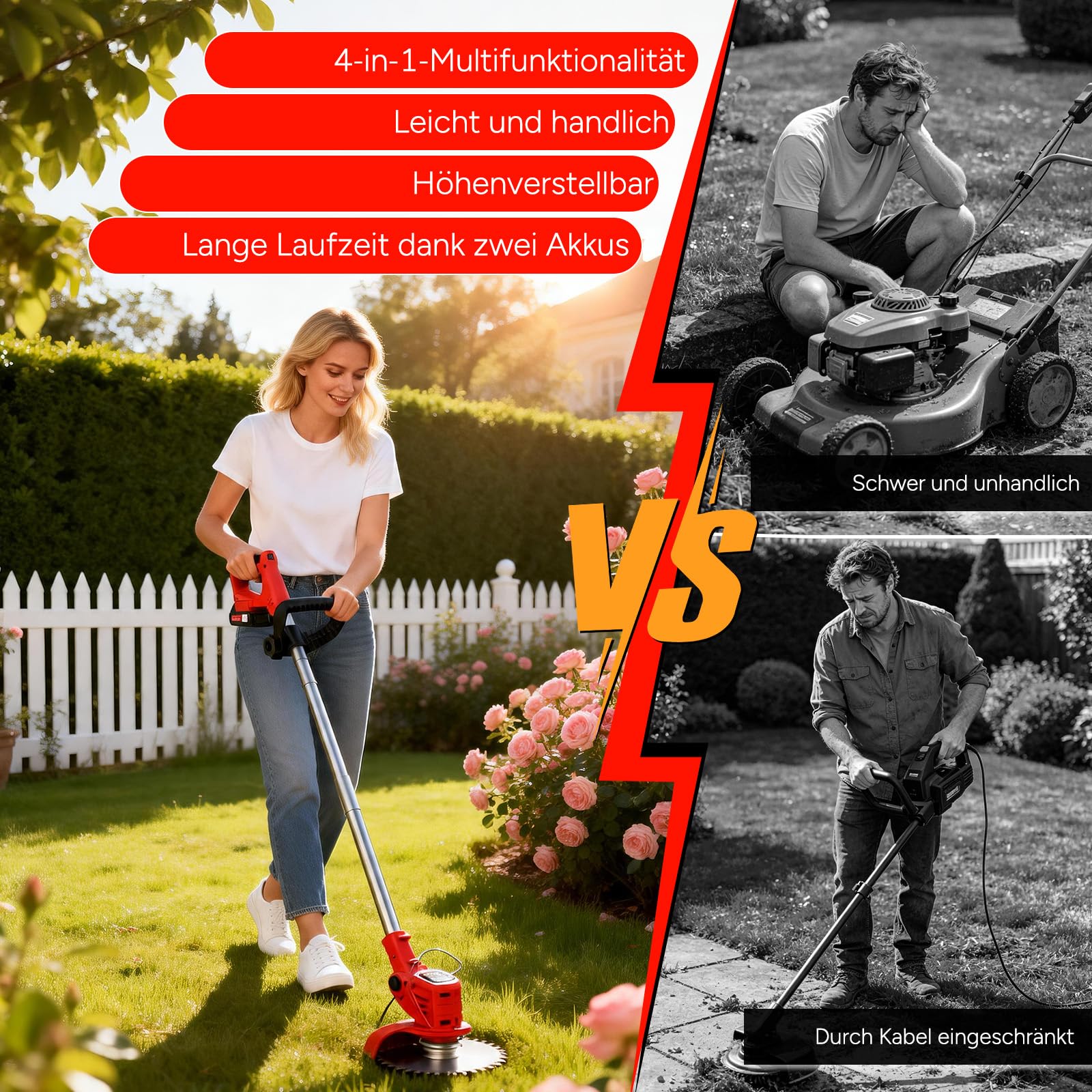OUTIGO Akku Rasentrimmer mit Akku, Rasenkantenschneider mit 2 Akkus 21V und 4 Messertypen+1 Gartenschere, Verstellbarer Teleskop-Führungsholm Desbrozadoraeléctrico inalámbrico (Rot-FBA) 8