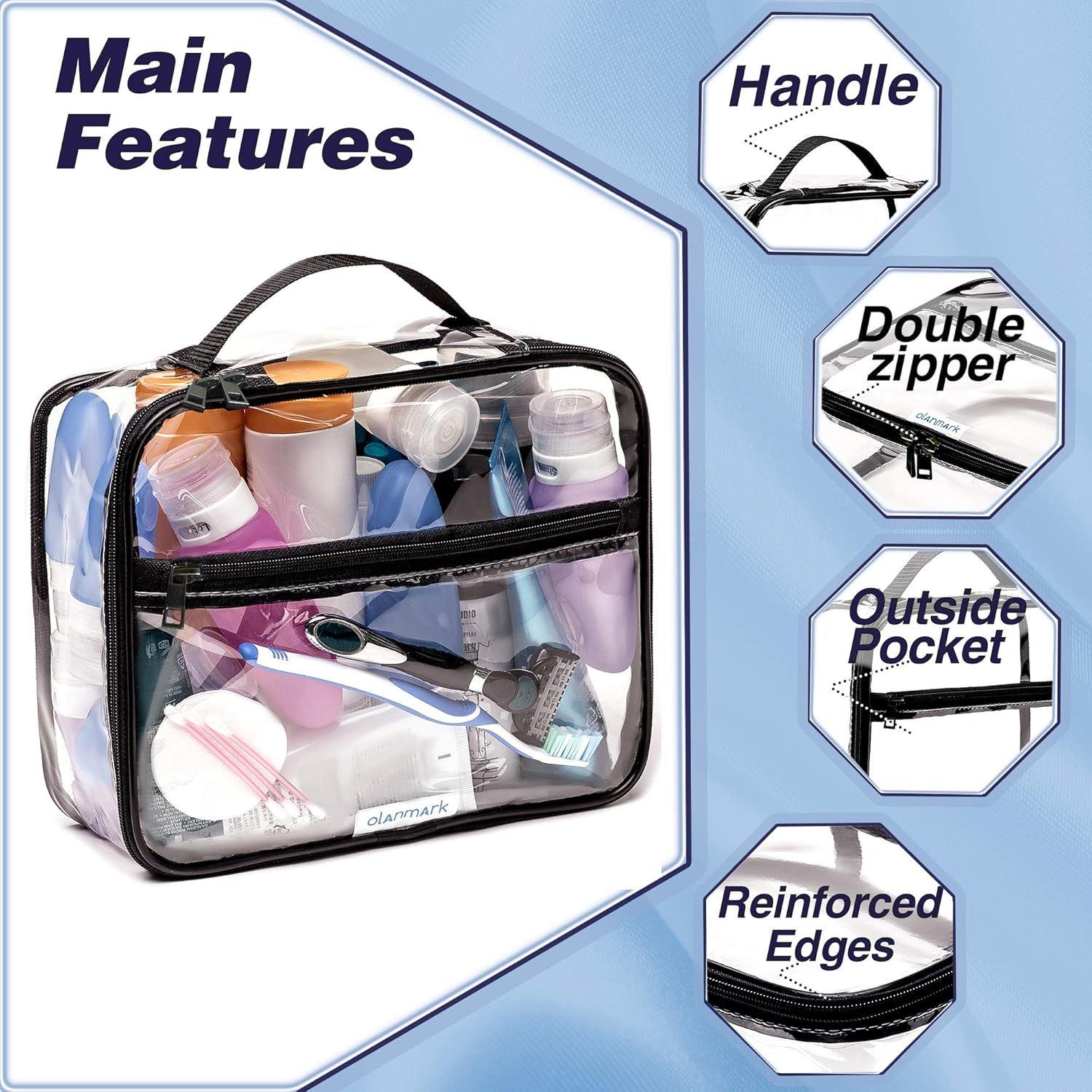 Clear Toiletry Bag - PVC Makeup Bag - Large Transparent Cosmetic Travel Case - See Through Packing Cube with Handle - Clear Bag with Zipper - Plastic Storage Pouch for Women