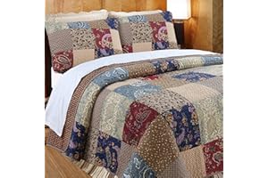Cozy Line Home Fashions Sanders Brown Floral Real Patchwork, 100% Cotton Reversible Quilt Bedding Set,Coverlet, Bedspread(Red Navy, Queen - 3 Piece)