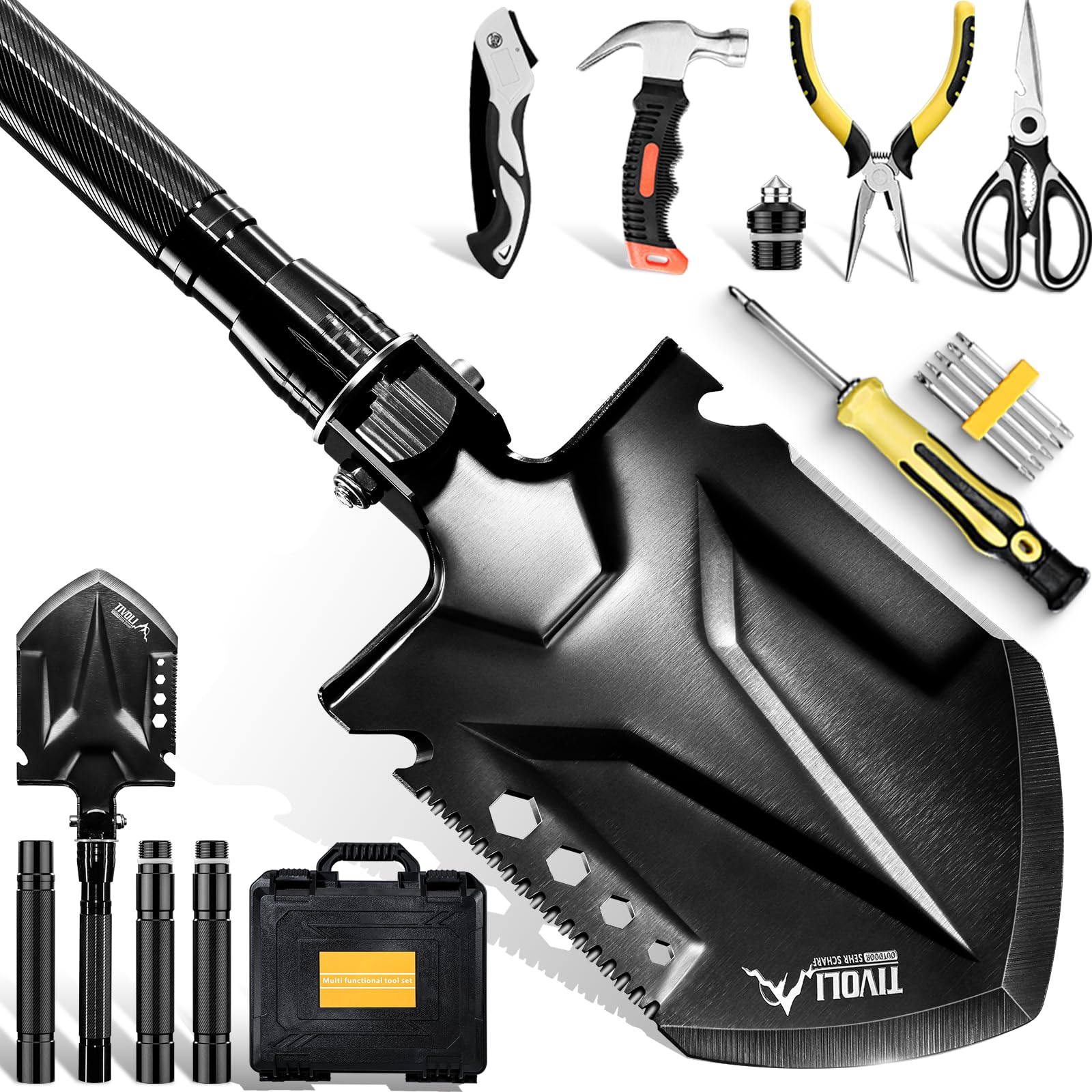 Photo 1 of Tivoli Folding Camping Shovel Kit,Multifunctional Tactical Survival Shovel with Manganese Steel for Outdoor Off Road, Hiking, Bushcraft,Car Emergency,Entrenching Tool with Storage Case,Ideal Gift