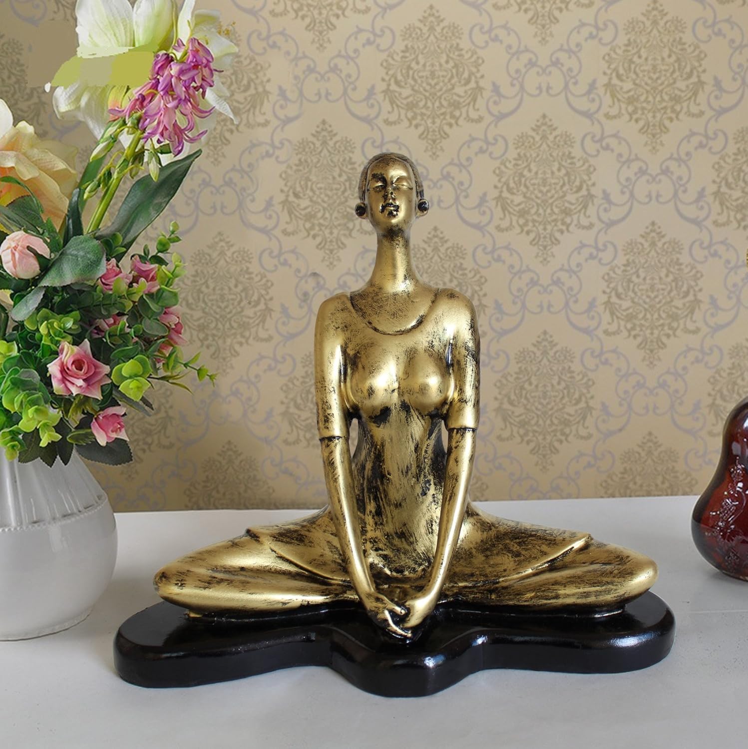 TIED RIBBONS Yoga Lady Statue - Decorative Sculptures showpiece for Living Room Office Drawing Room Home Décoration and Gifts(21 cm X 24 cm, Resin, Golden and Black)
