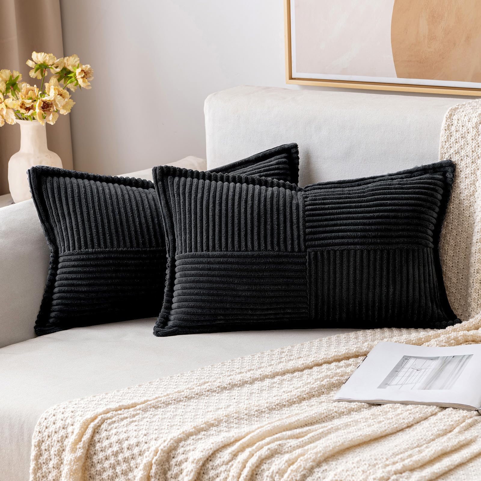 Photo 1 of MIULEE Decorative Lumbar Throw Pillow Covers for Couch Bed Livingroom 12x20 Inch Set of 2 Black Boho Accent Throw Pllows Broadside Striped Patchwork Soft Corduroy Pillowcases