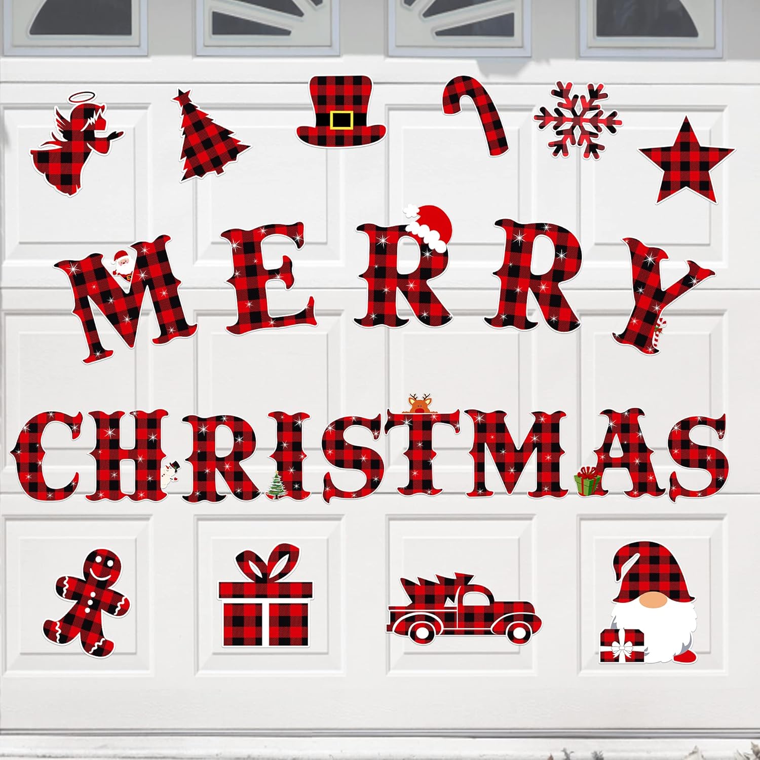 Garage Door Decorations - Merry Christmas Garage Door Decorations - 24 PCS Buffalo Plaid Magnetic Stickers Magnets Refrigerator Magnets Car Christmas Garage Door Decals for Xmas Decor Christmas Party Supplies