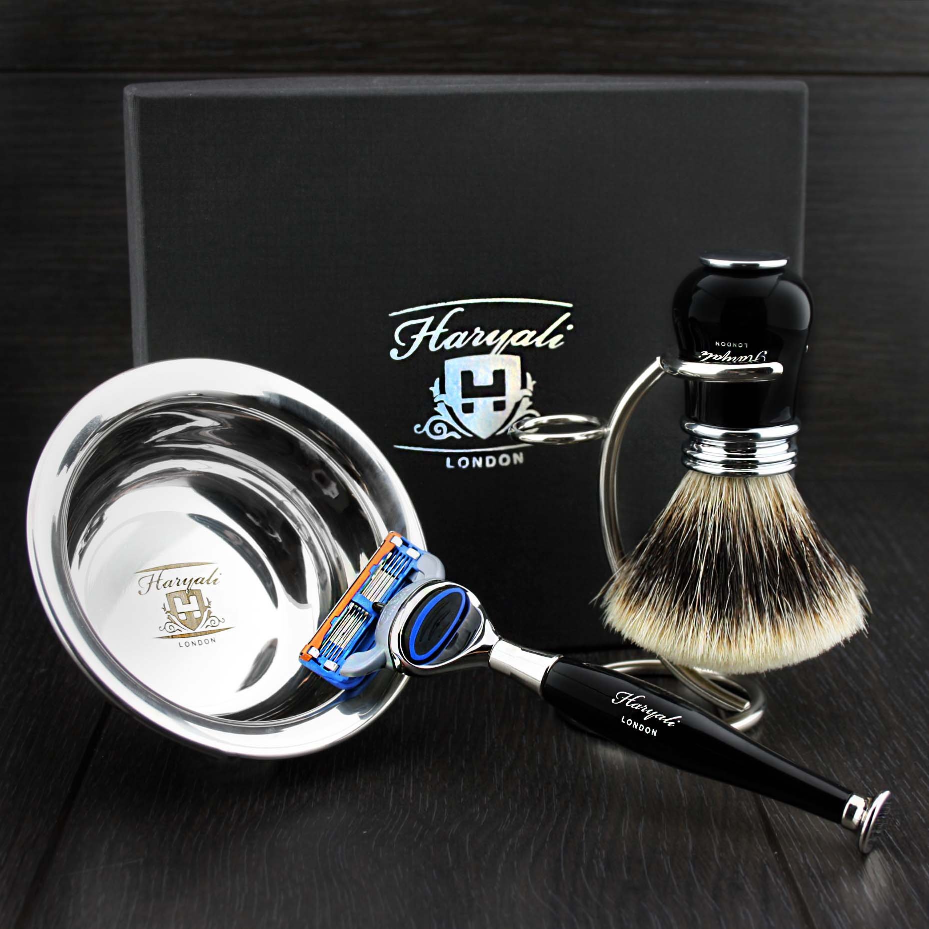 Mens Shaving Set in Black Colour with 5 Edge Razor,Sliver Tip Badger Hair Brush, Shaving Stand and Stainless Steel Bowl Newly Designed Perfect Kit