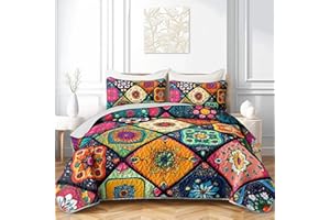 HOSIMA Bohemia Style Quilts Queen Size for Adults,Different Colorful Boho Pattern Lightweight Quilt,Soft Plaid Patchwork Boho Floral Bedding for Bedroom Decor with 2 Pillowcases.
