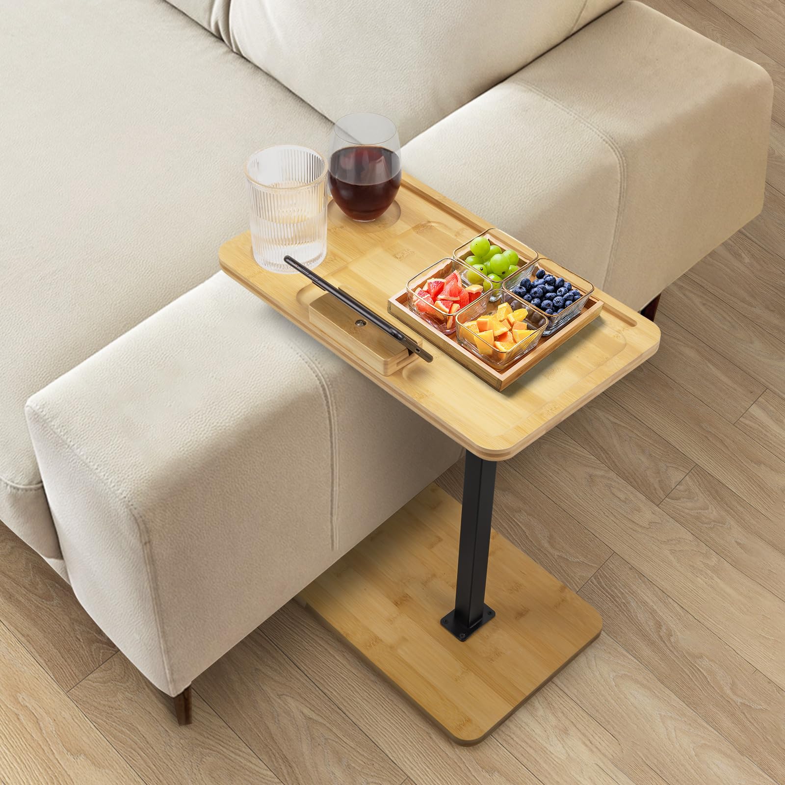 Photo 1 of LVETOLS Bamboo Sofa Side Table Adjustable Height,Snack C Shaped End Table with Swivel Phone Stand,TV Trays for Eating on Couch, Small Spaces/Bathtub/Recliner/Bed/Sofa,Oblong.