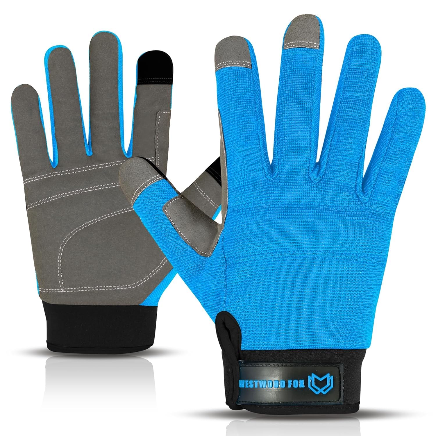 WESTWOOD FOX Safety Work Gloves Heavy Duty Gardening Gloves for Men Thorn Proof Padded Palm Protection Touch Screen Breathable Builder Mechanic Working Multi-Functional (Blue, XL)