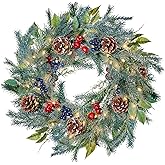 WDS WONDROUS 20 Inch Christmas Wreath with Lights, Christmas Wreath Green with Pinecone Wreath and Berries for Front Door,Outdoor, Holiday Decor, Xmas Decorations