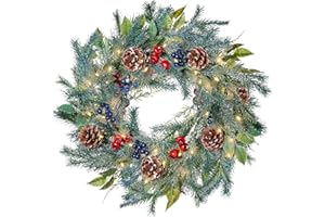 DN DECONATION Christmas Decorations Christmas Wreath with Lights, Green Wreath with Pinecone Wreath and Berries for Front Doo