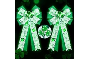 Kenburg 2 Pcs LED St. Patrick's Day Bow Decoration, 20'' X 12'' Large Green Shamrock Wreath with Timer, St Patricks Irish Clovers Ornaments Tree Topper Bow for Front Door Wall Window Party Decor