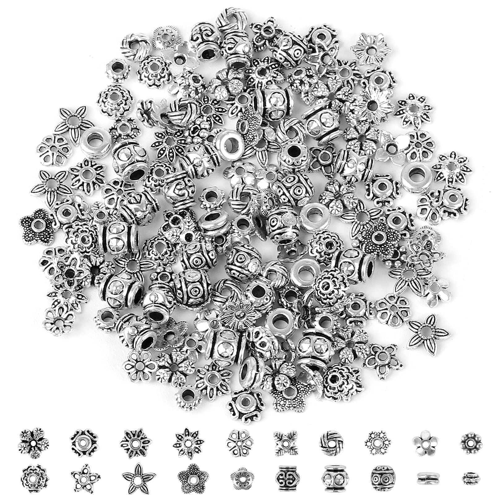 160 Pieces Tibetan Silver Spacer Beads, Big Hole Antique Silver Spacers Metal Bead Spacers Mixed Alloy Spacer Beads for Crafts DIY Necklaces Jewelry Making (20 Styles)