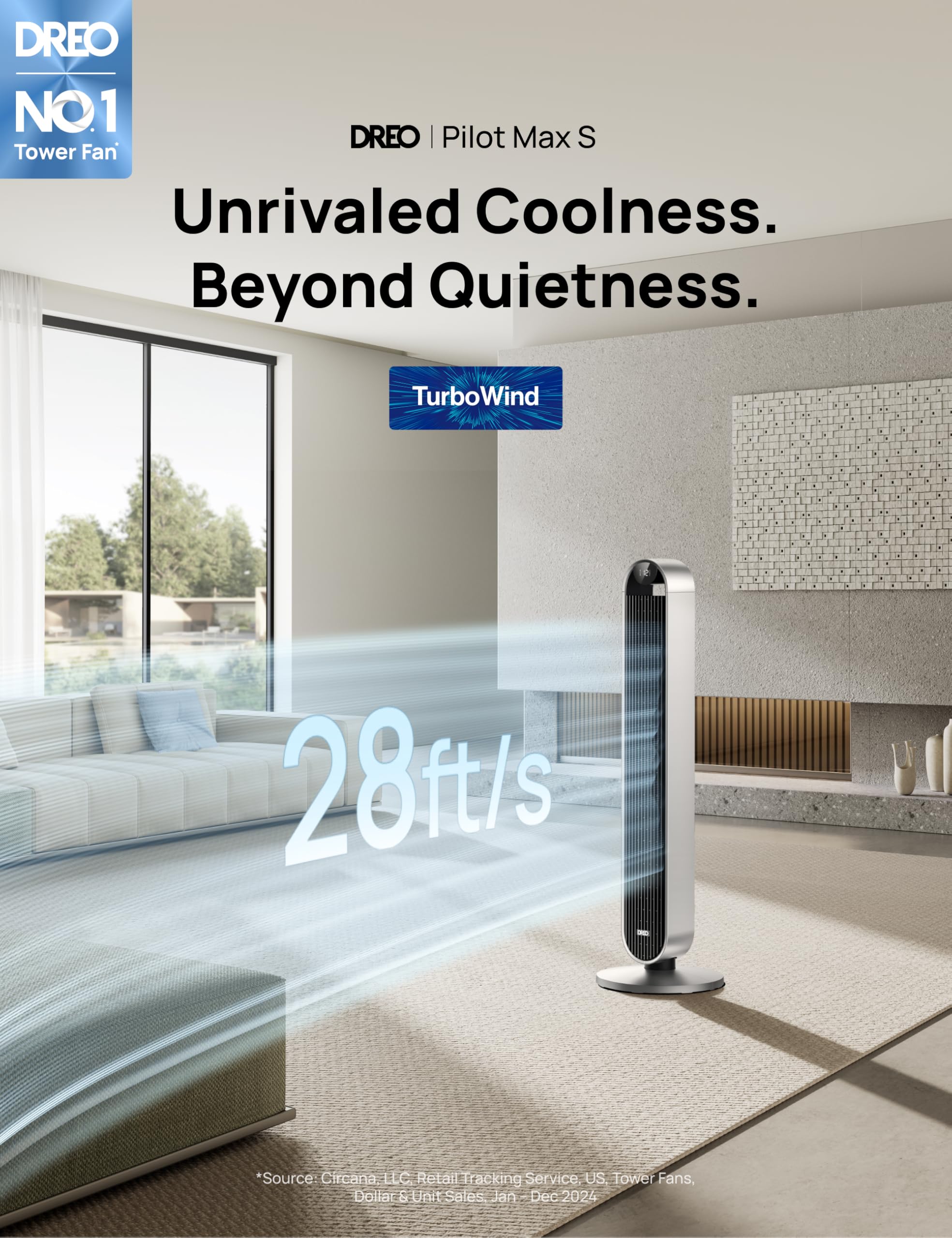 Dreo Tower Fan for Bedroom, 42 Inch 120° Oscillating Fan, 25dB Quiet DC Motor, 28ft/s Velocity Bladeless Standing Fan with 12 Speeds, 4 Modes, 12H Timer Cooling Fans for Home, Living Room, Pilot Max S