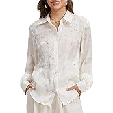 HERYEA Women's Blouses Button Up Long Sleeve Top,See Through Silk Texture Shirt