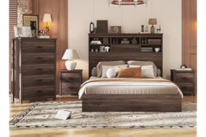 Merax 4-Pieces Queen Size Bedroom Set, Platform Bed Frame with Storage Headboard USB Charging Ports & 1x Dresser Cabinet 5 Drawers & 2 x Nightstands,Vintage, Wooden, No Box Spring Needed, Dark Walnu
