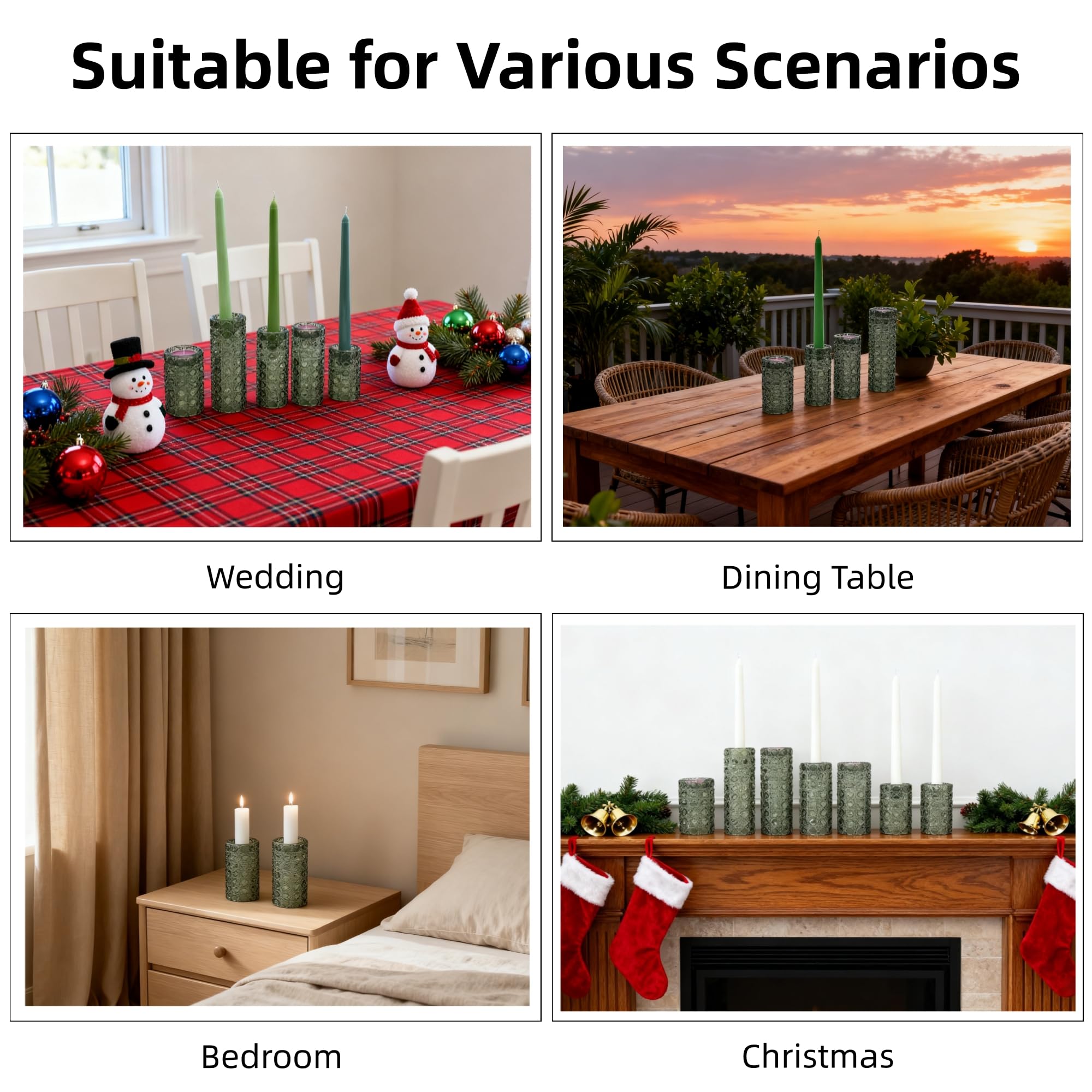 Green Glass Candle Holders Set, 6 Pack Clear Candlestick Holders 3 in 1 Crystal Candleholder Pillar Candle Stands, Tealight & Votive Candle Holder Home Decor Table Centerpieces Christmas Wedding