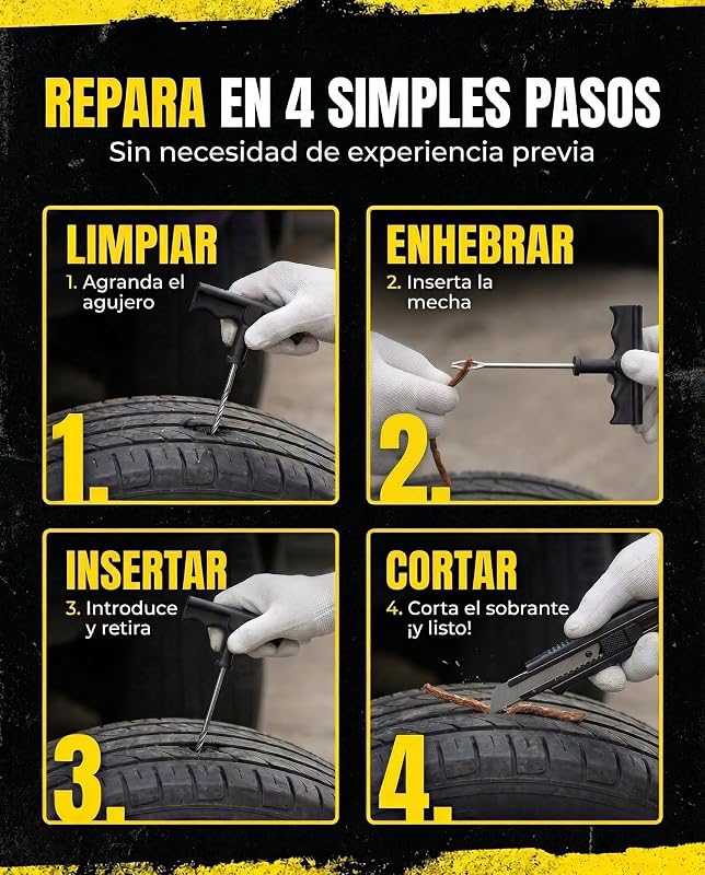 Kit Antipinchazos Coche, 15 Mechas, 2 Herramientas en T, Guantes y Cúter
