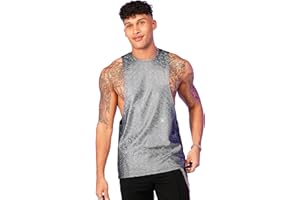 WDIRARA Men's Glitter Sequin Round Neck Sleeveless Tank Tops Cut Open Side Club Party T Shirt