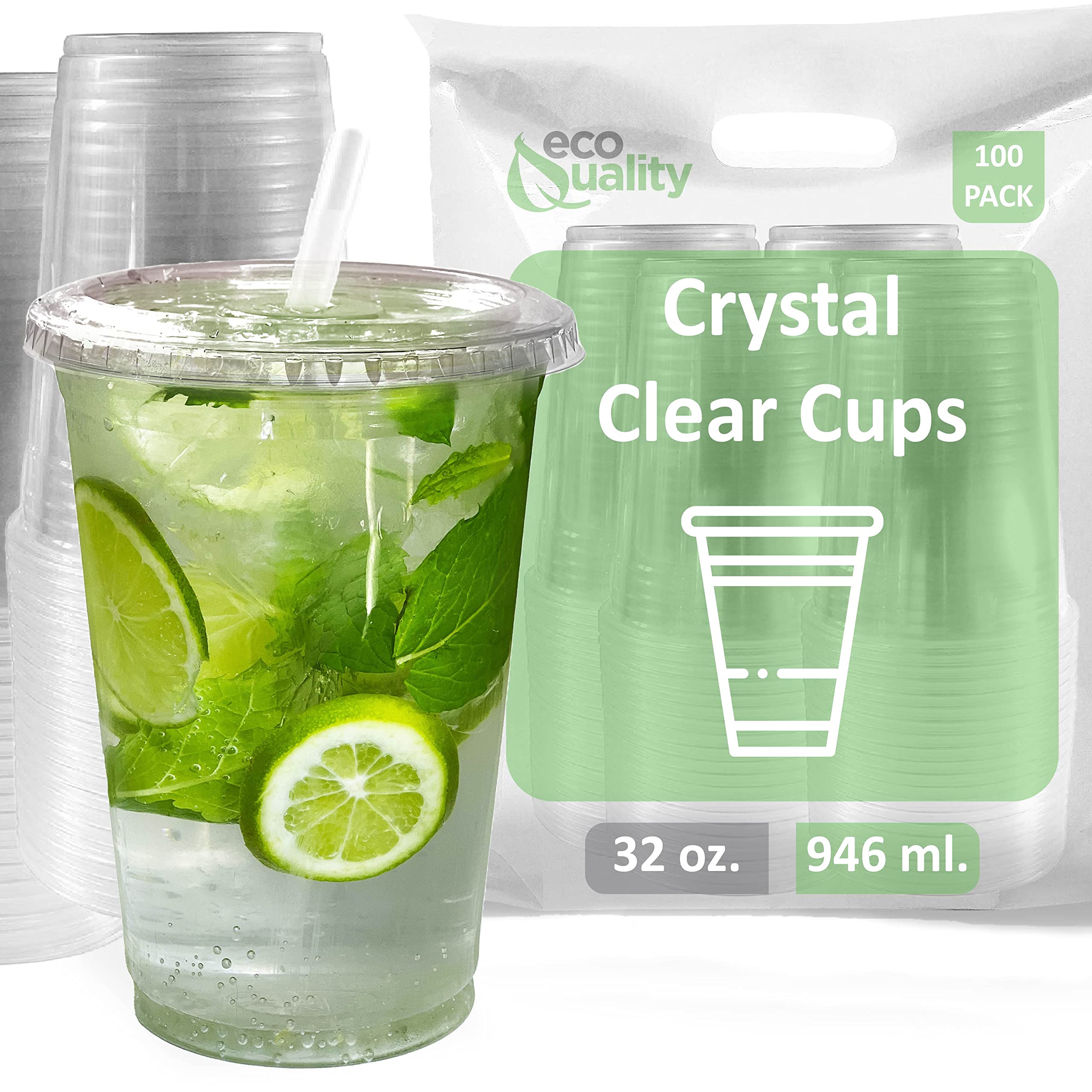 Large Clear Plastic Disposable Cups with Lids & Straws 100 count 32
